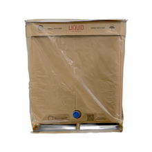 Load image into Gallery viewer, A 2000 gallon brown cardboard tote full of hemp seed oil on a pallet, with a plastic wrap around it
