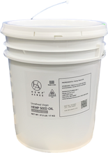 Load image into Gallery viewer, A 5 gallon white food-grade pail of Hemp Acres branded cold-pressed hemp seed oil
