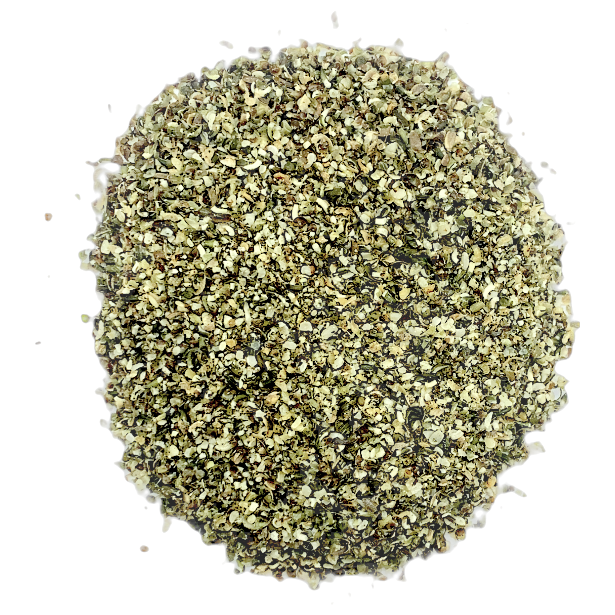 A pile of hemp heart fines, consisting of small flecks and particles ranging in color from cream to dark brown