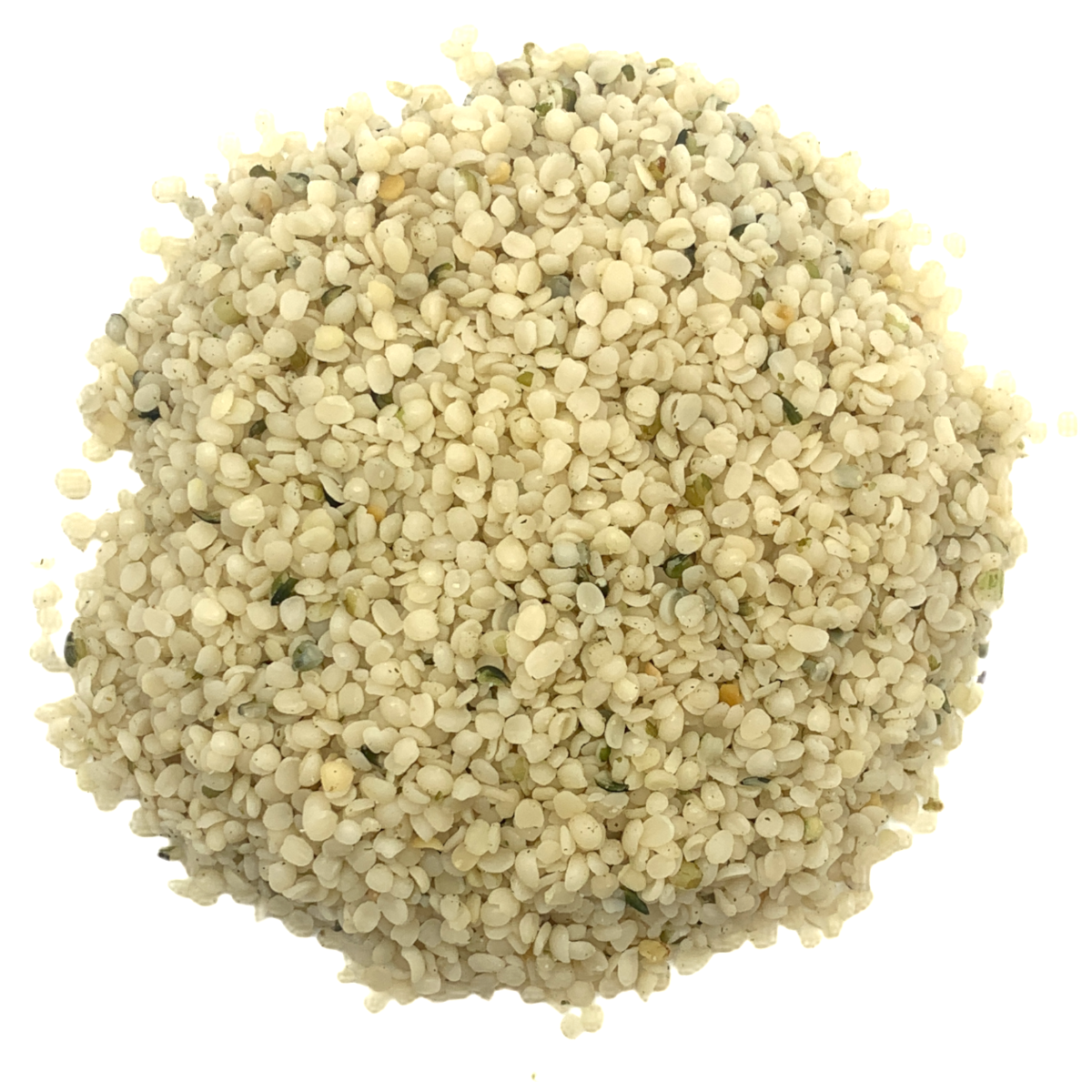 A pile of hemp hearts, which look like tiny cream-colored nuts