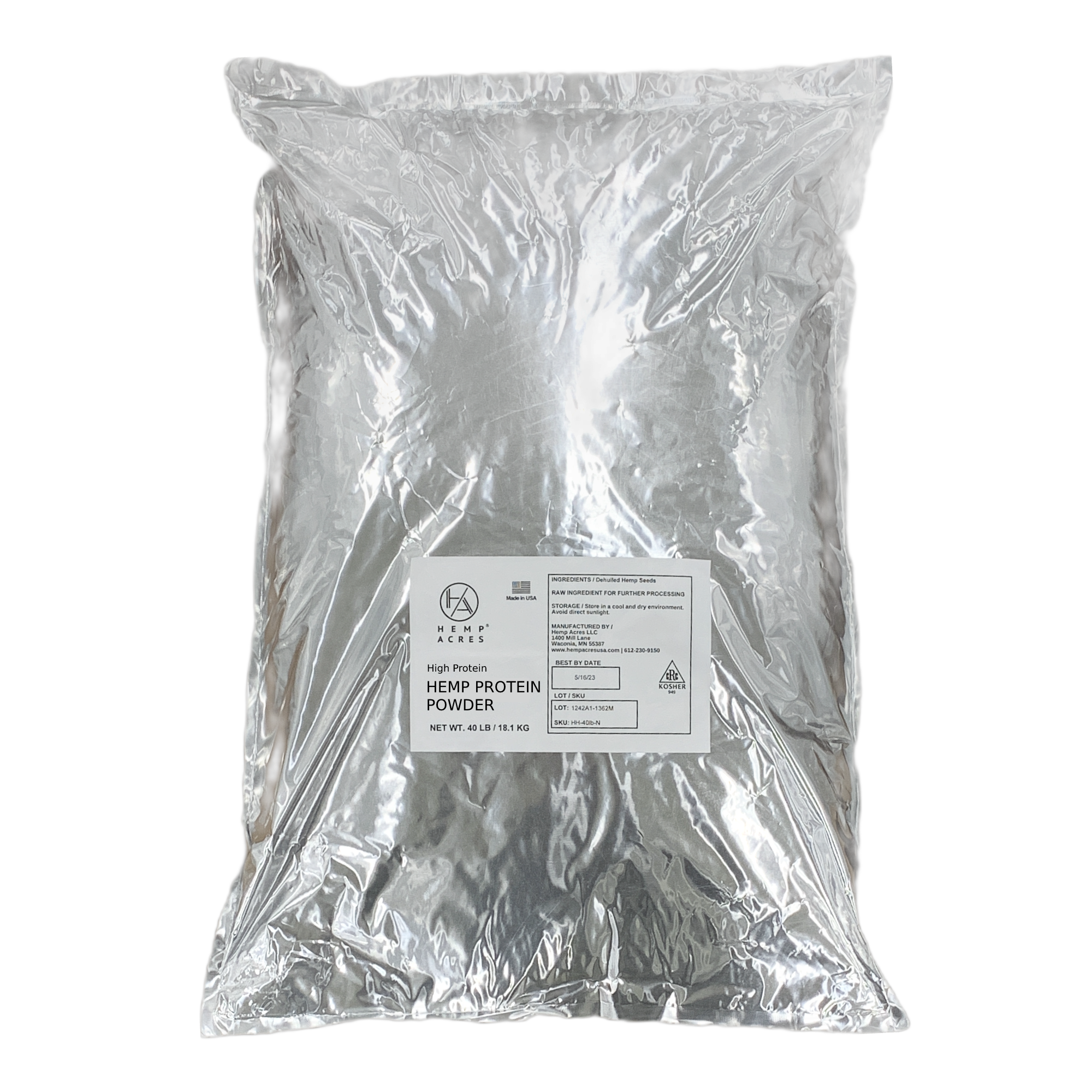 Photo of a 40 pound silver foil bag of protein powder