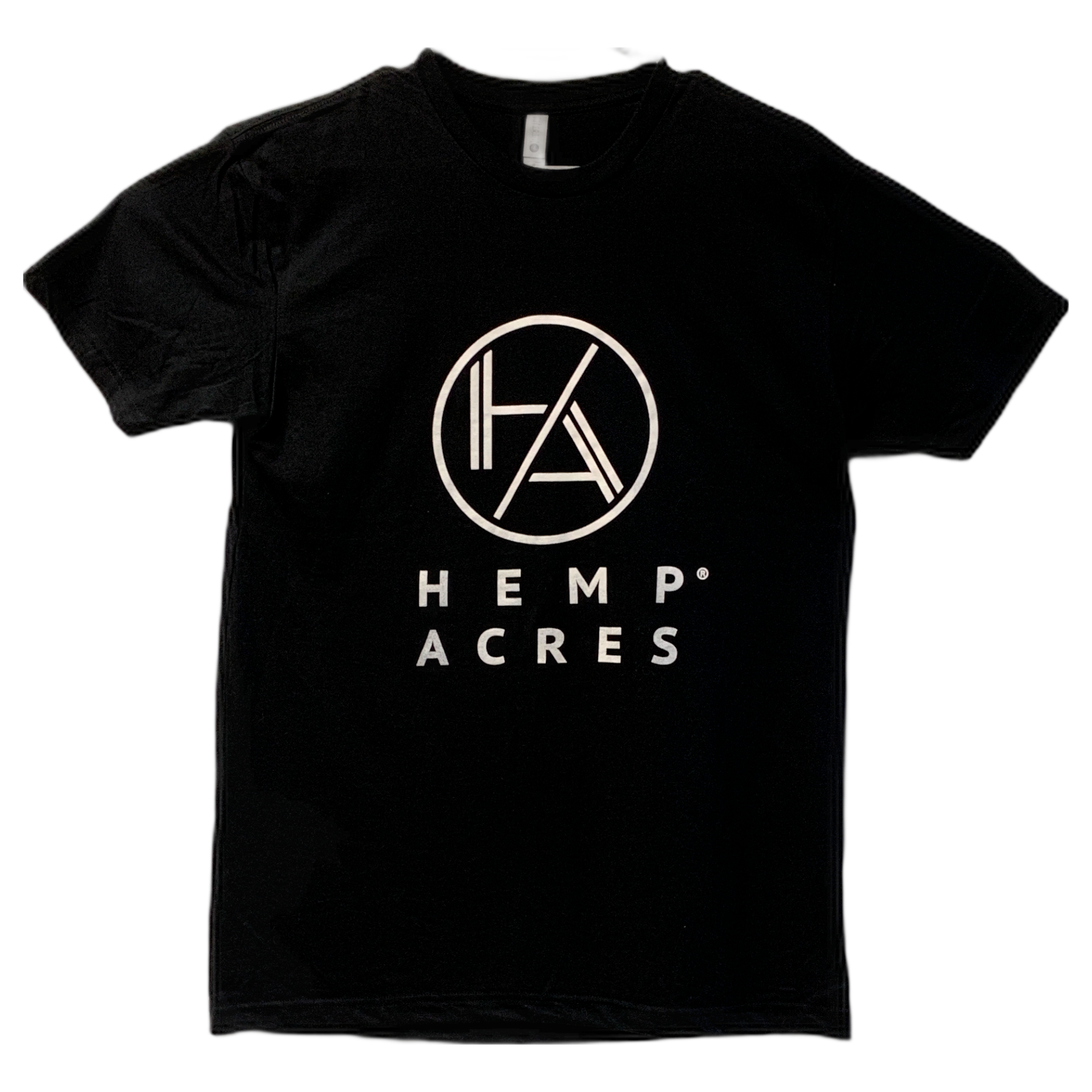 A black t-shirt with a large Hemp Acres logo and the words Hemp Acres in white on the front.