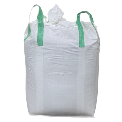 A large white woven plastic bulk bag filled with hemp hulls