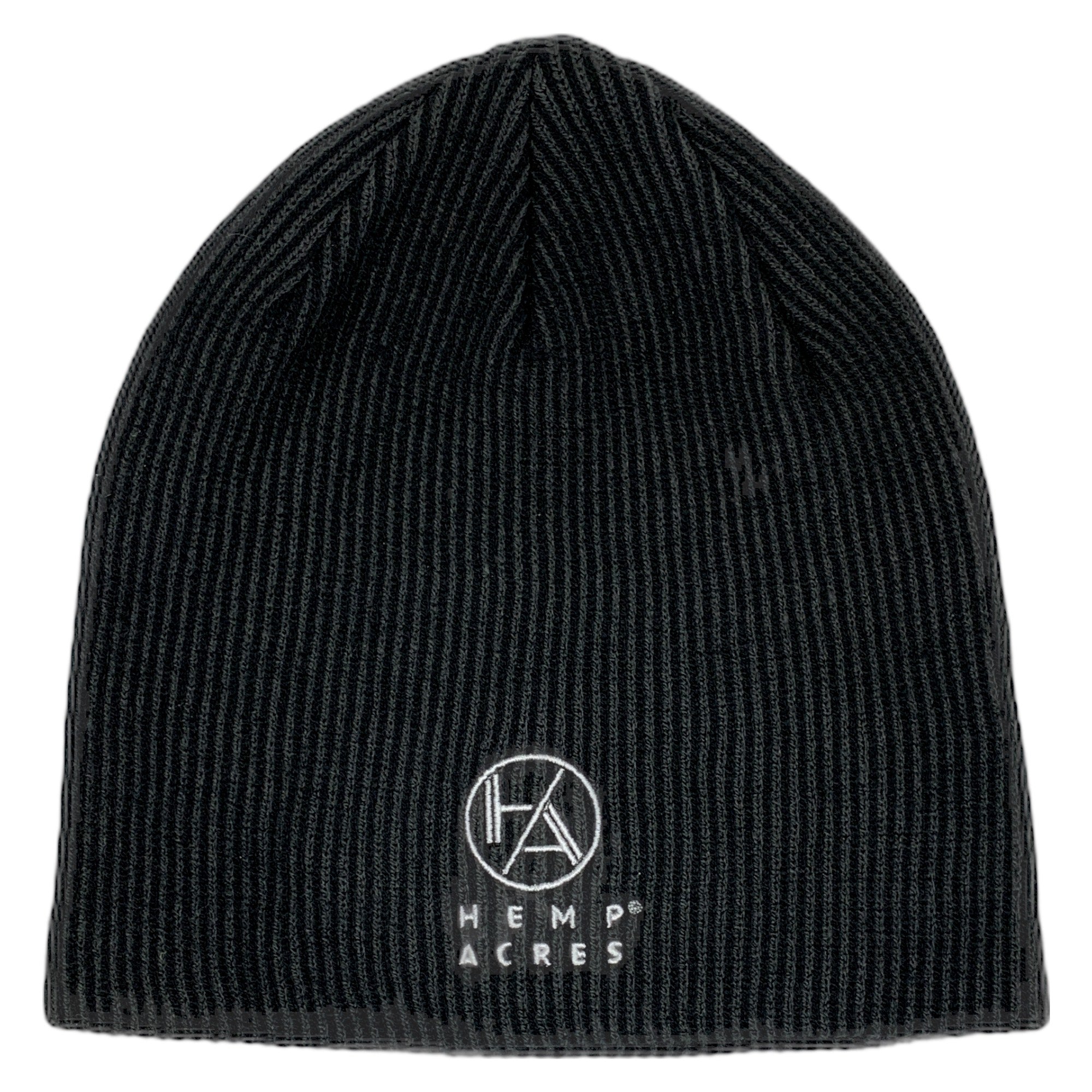 Black, ribbed beanie hat with Hemp Acres logo and the words Hemp Acres stitched on in white