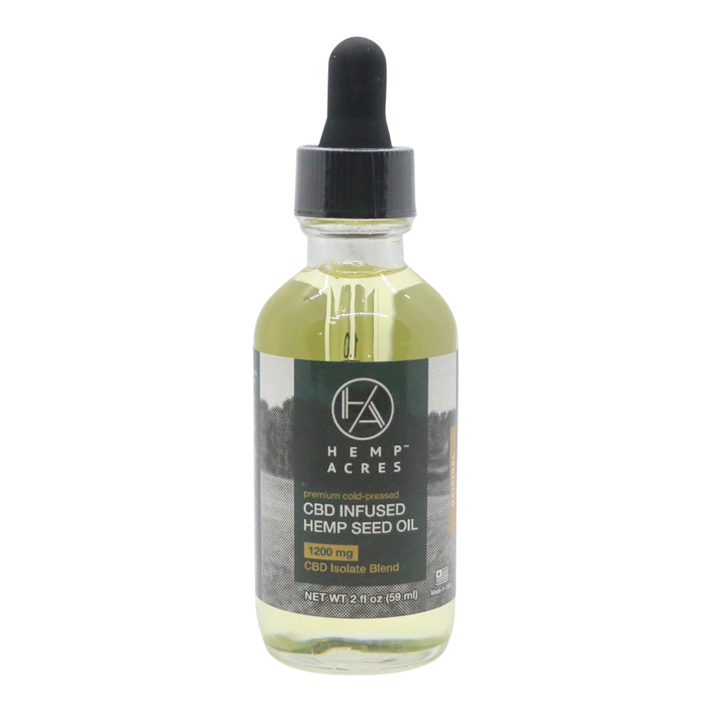 A bottle of CBD-infused hemp seed oil, containing 1200 mg of CBD Isolate blend, displaying the Hemp Acres logo