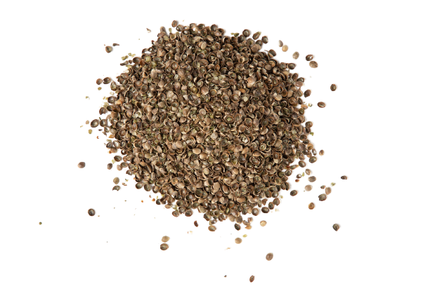 A pile of hemp hulls, which are the hard, outer shells of the hemp seed
