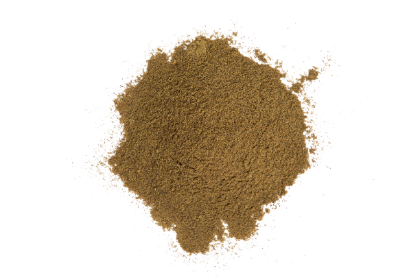 a pile of hemp protein powder which is 45% protein, a fine powder with a brown hue
